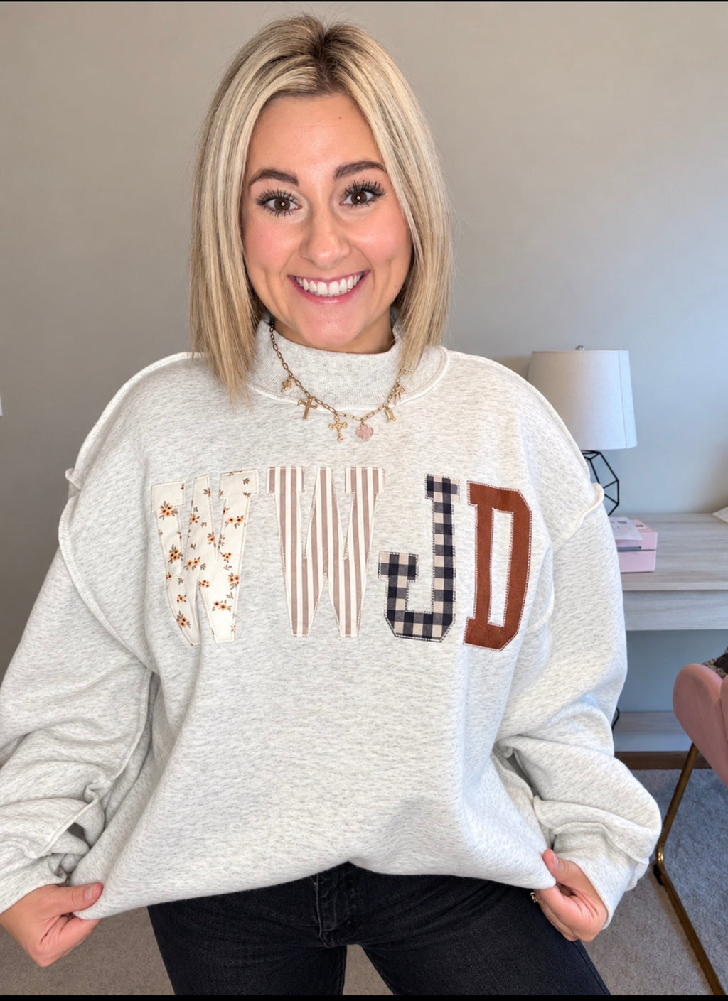 WWJD Embroidered Patchwork Sweatshirt