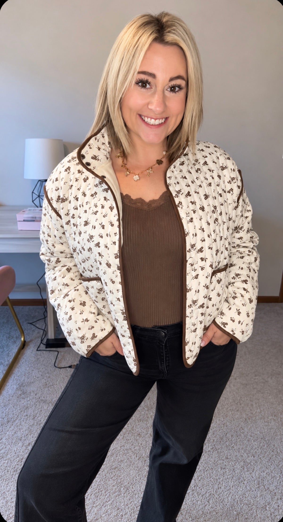 Floral Print Snap Button Quilted Jacket