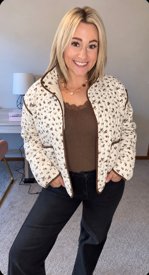 Floral Print Snap Button Quilted Jacket