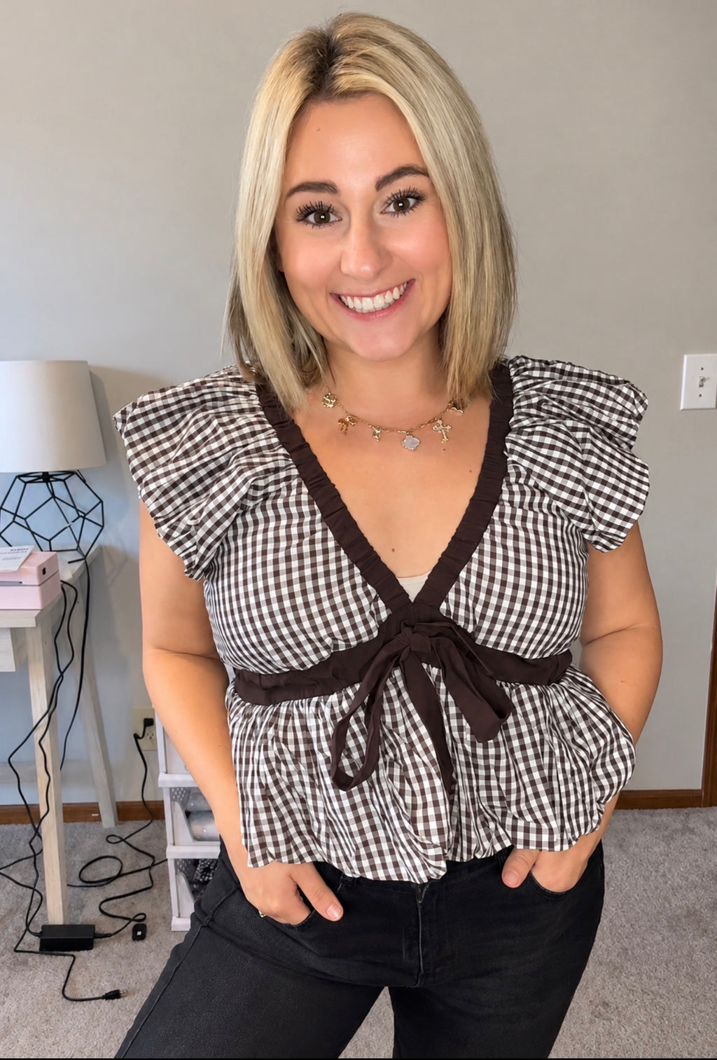 Deep V Neck Bubble Hem Gingham Blouse Top