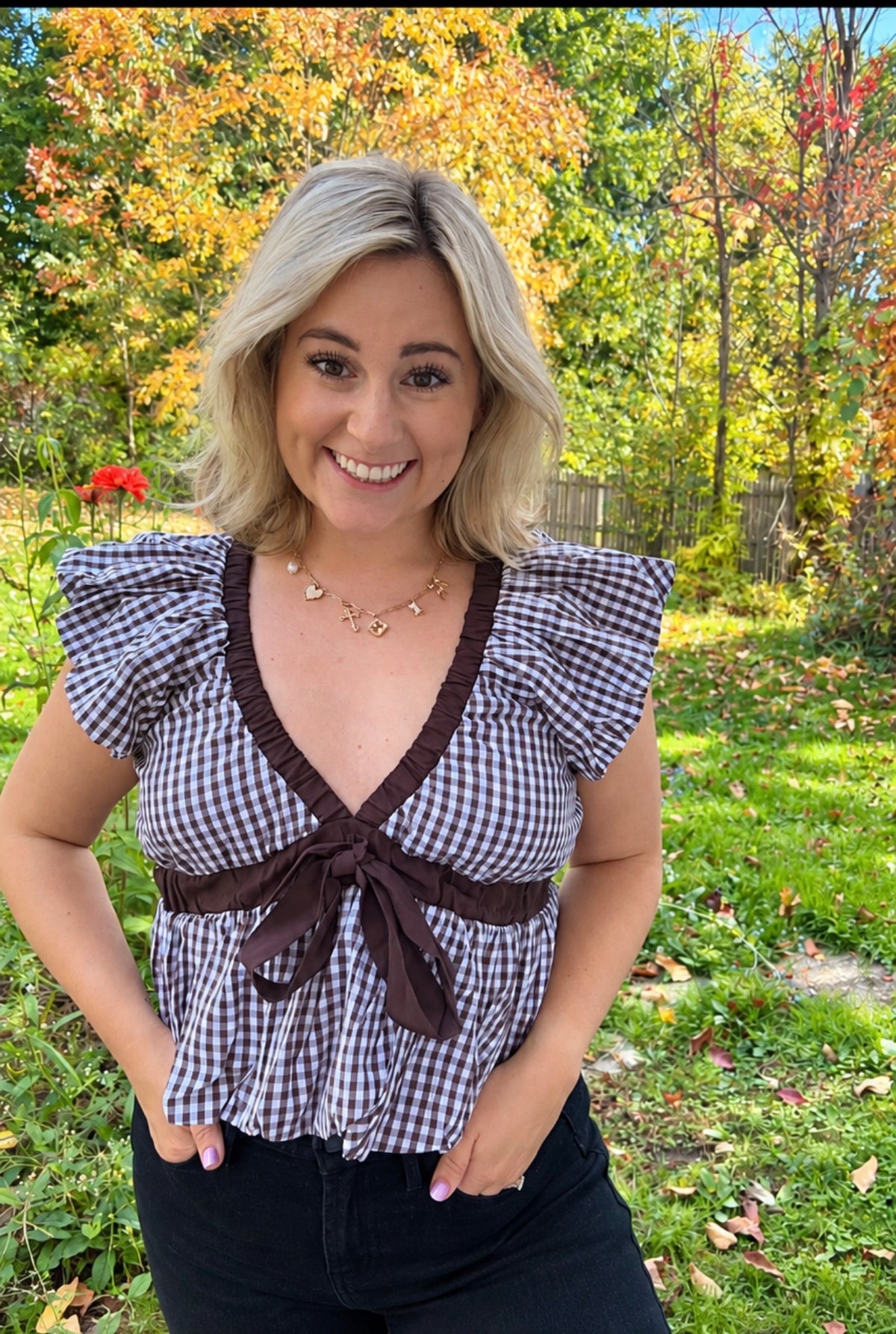 Deep V Neck Bubble Hem Gingham Blouse Top