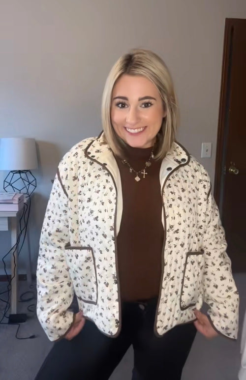 Floral Print Snap Button Quilted Jacket