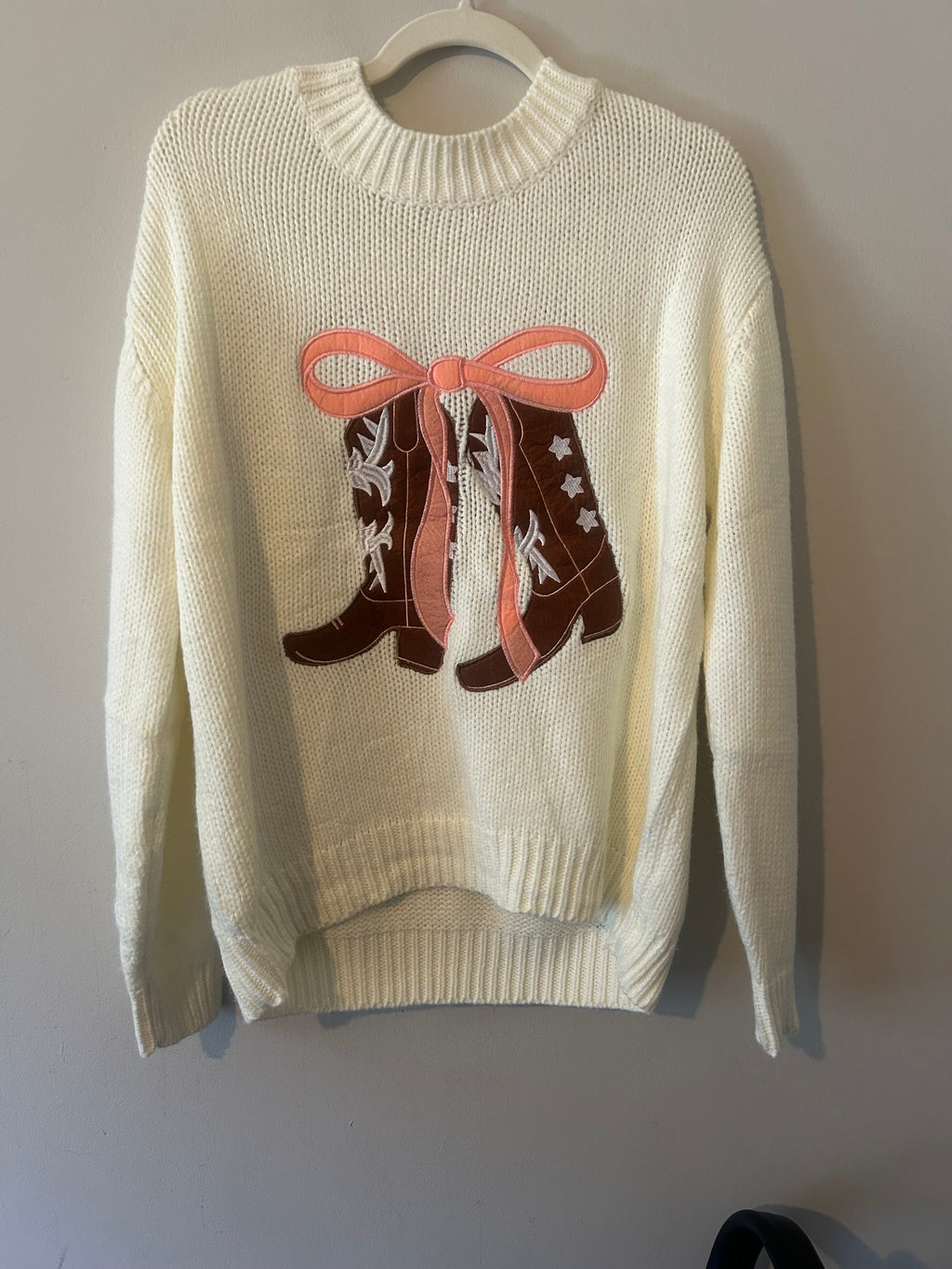 Western Boots Bow Embroidered Drop Shoulder Sweater