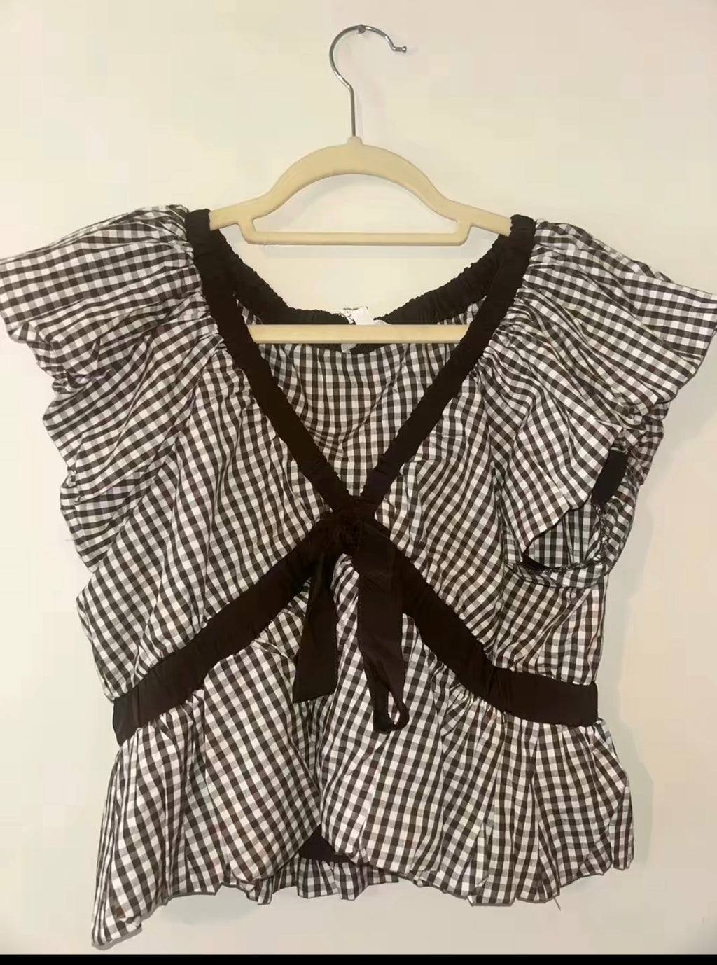 Deep V Neck Bubble Hem Gingham Blouse Top