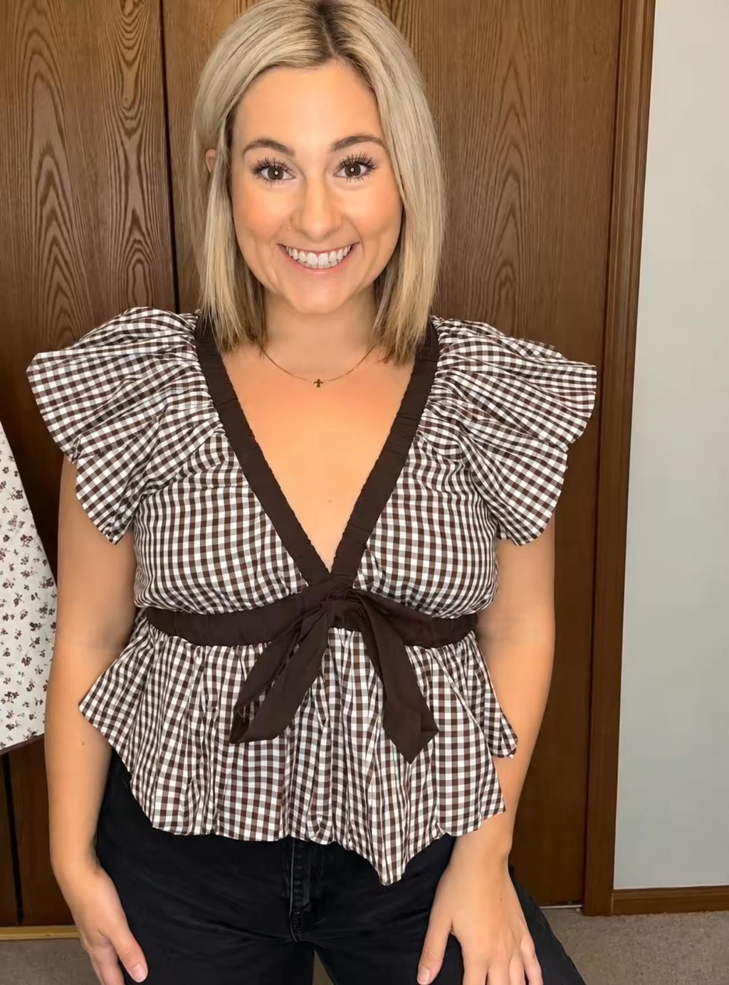 Deep V Neck Bubble Hem Gingham Blouse Top