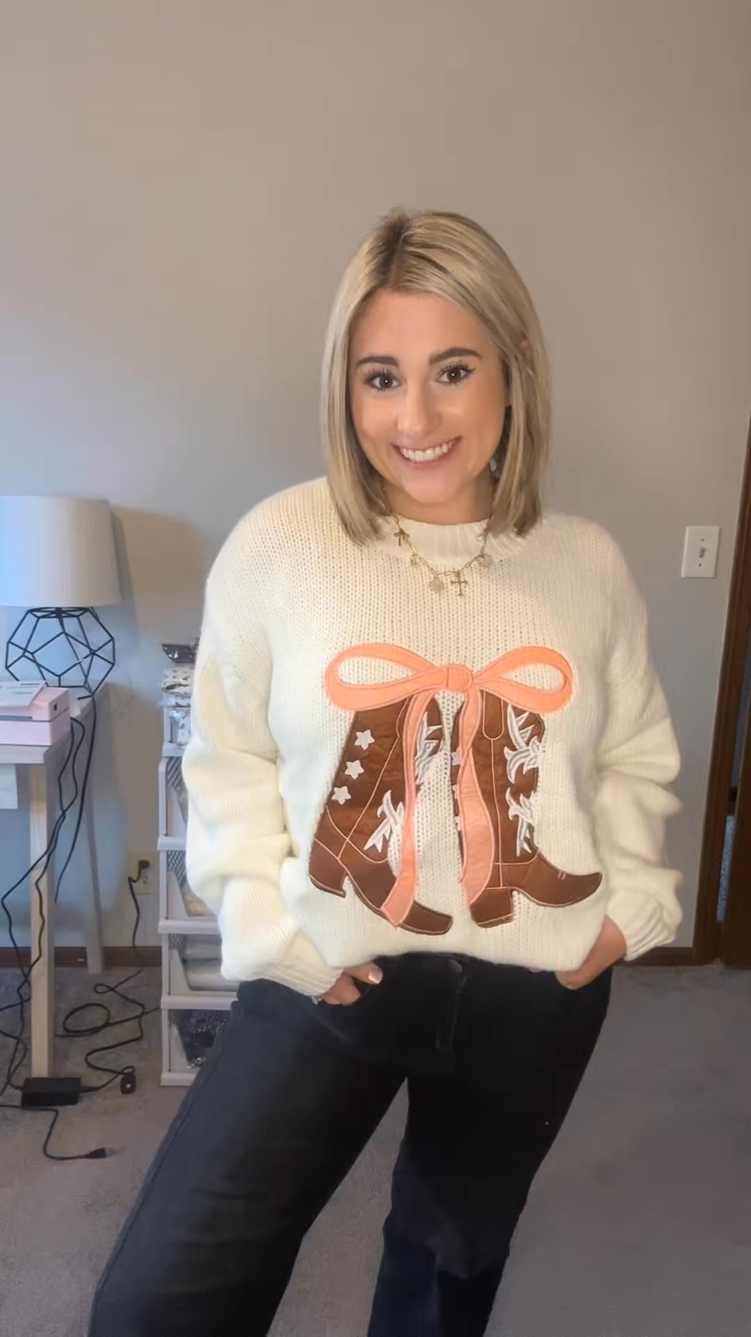 Western Boots Bow Embroidered Drop Shoulder Sweater